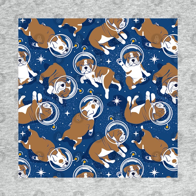 Sleepy astronaut // pattern // classic blue background white and bronze English Bulldogs goldenrod yellow antennas by SelmaCardoso